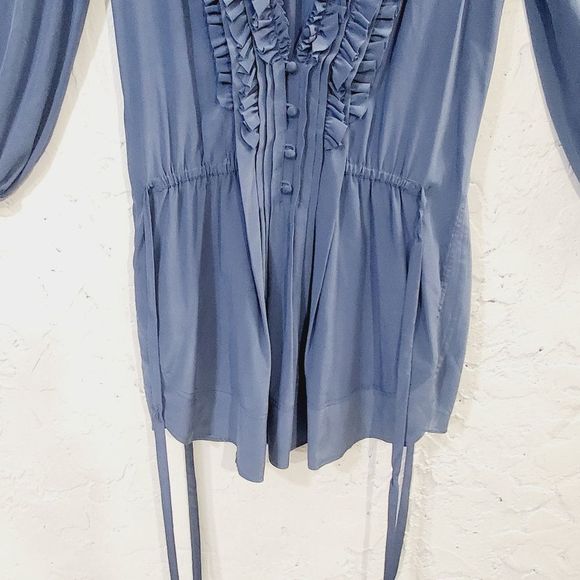 Rebecca Taylor silk ruffle shirt mini dress Top W/ Waist tie  blue size small 2 - Picture 11 of 16